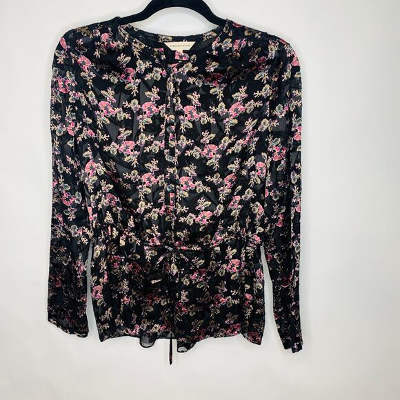 Rebecca Taylor Black Floral Burnout Sheer Blouse Tie Waist Peplum Silk Sz 4 - Picture 1 of 6
